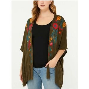 Umgee S/M Green Kimono Top Floral Embroidered Open Front Festival Boho Beach